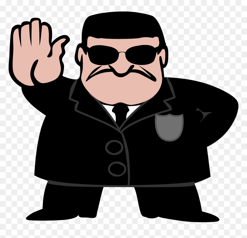 Cartoon security guard in black suit and sunglasses, raising hand to signal stop.