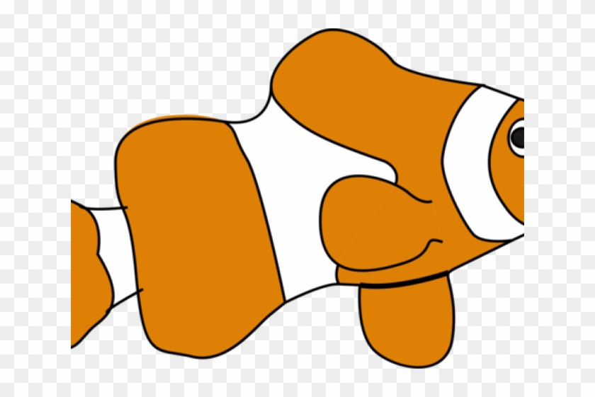 Cartoon orange and white clownfish with black eye and smiling mouth, side profile on transparent background.