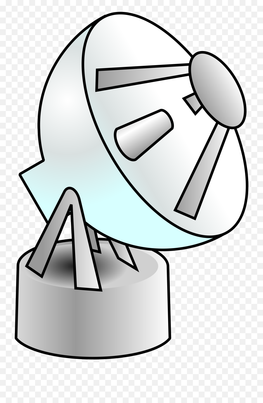 Stylized silver satellite dish on a pedestal with light blue reflection, cartoon-style vector illustration.