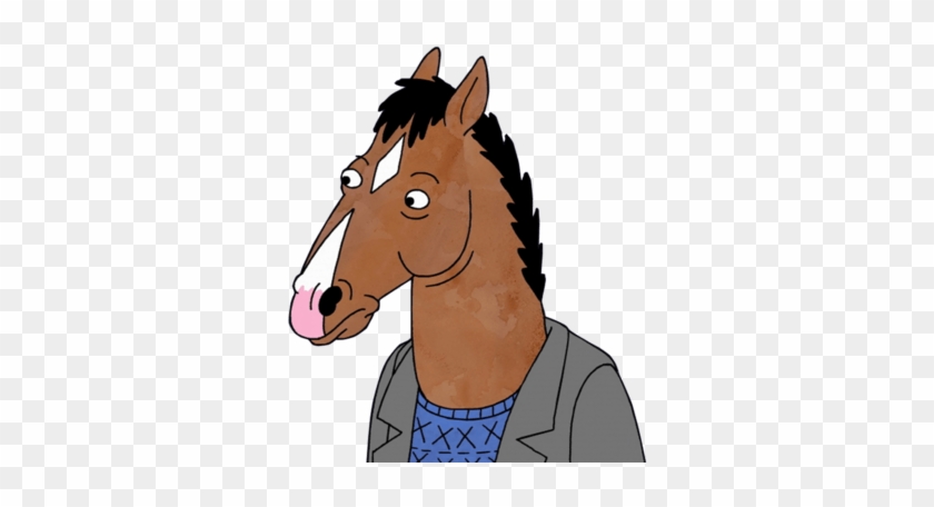 BoJack Horseman, anthropomorphic horse in gray blazer and blue patterned shirt, side profile with expressive eyes and tongue out.