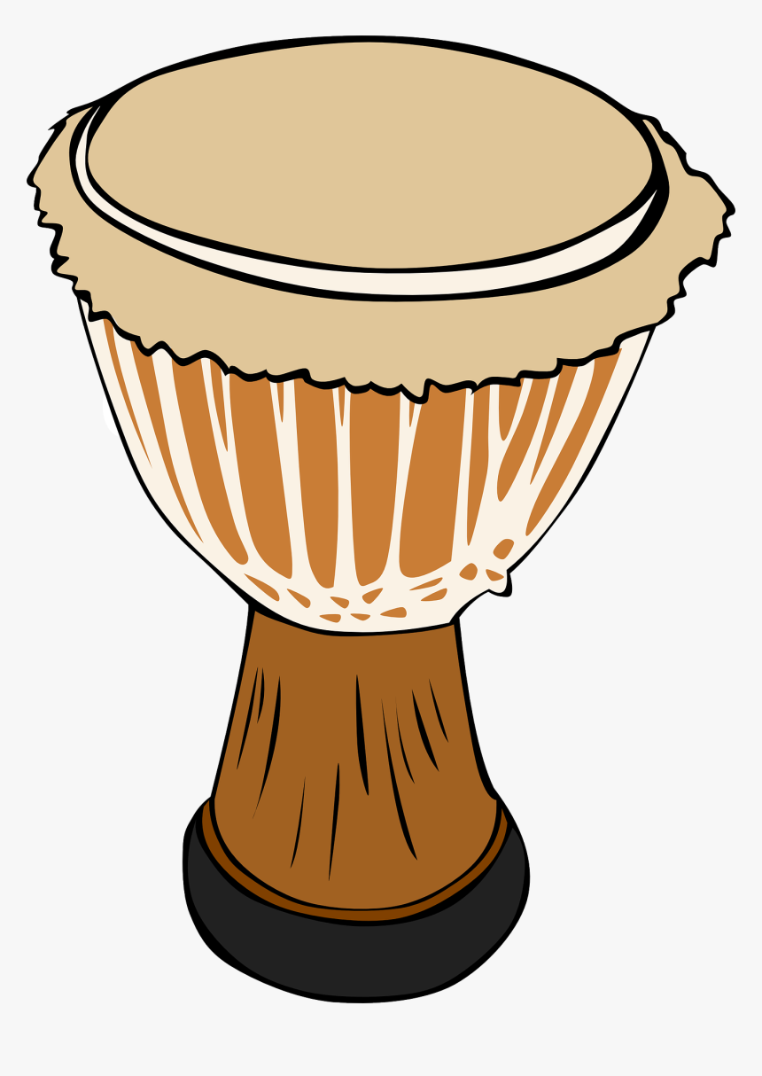 Illustrated djembe drum with wooden body, goatskin head, and decorative carvings.