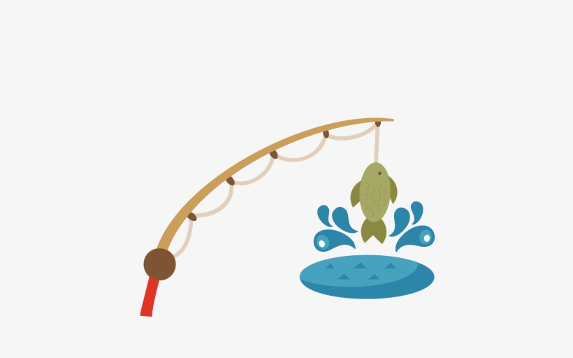 A cartoon-style fishing rod with a green fish caught on the line, splashing in blue water.