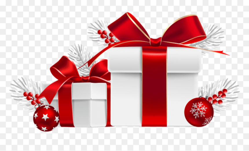 White gift boxes with red ribbons, festive ornaments, and frosted pine branches on transparent background.