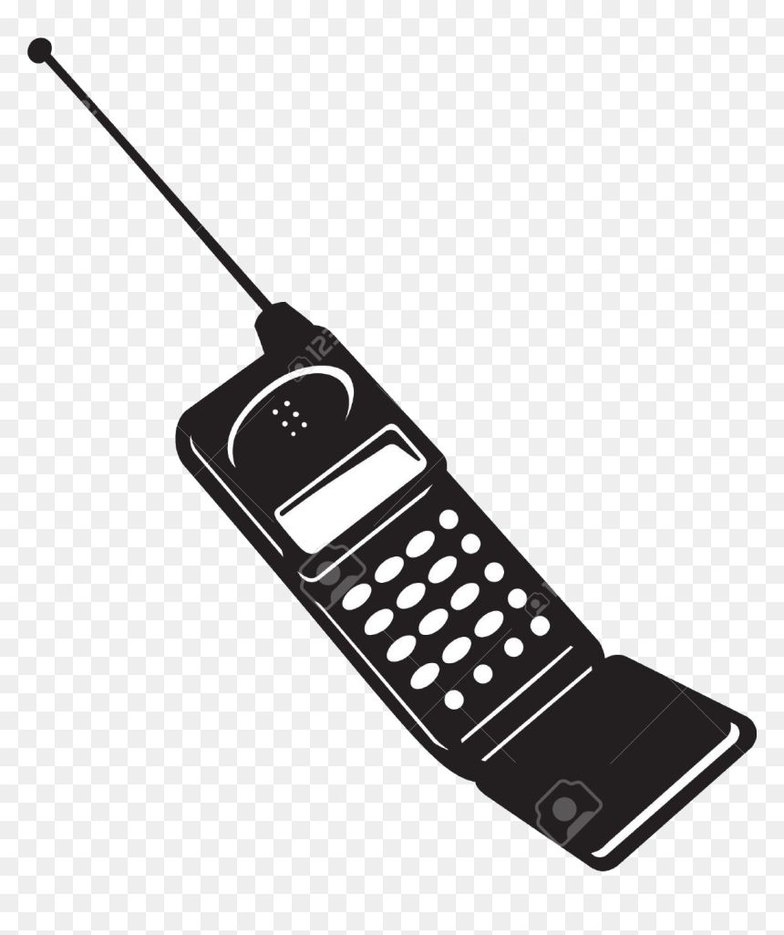 Black-and-white illustration of a vintage mobile phone with extended antenna and physical keypad.