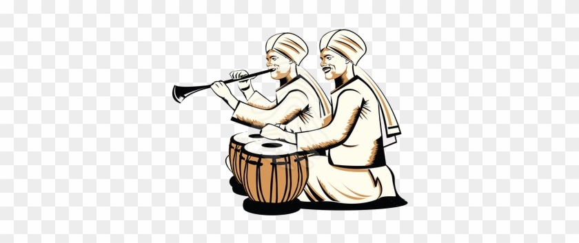 Two traditional Indian musicians in turbans playing shehnai and tabla drums, seated cross-legged.