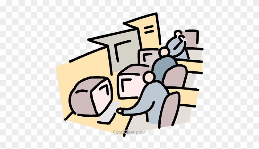 Stylized illustration of people seated in tiered rows, attending a lecture or presentation in a classroom or auditorium setting.