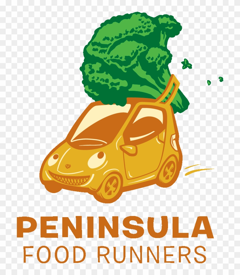A cartoon yellow car with a smiling face carrying a large green broccoli on its roof, labeled "Peninsula Food Runners".