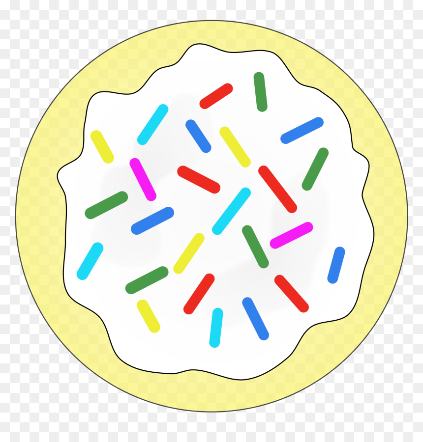 A cartoon-style frosted cookie with colorful sprinkles on a light yellow base.
