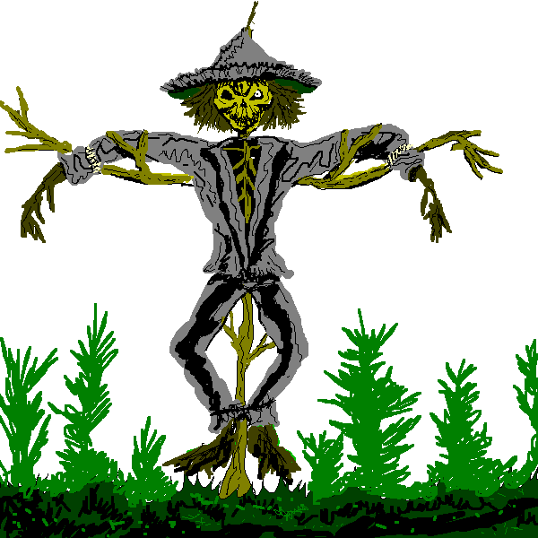 A menacing scarecrow with a skeletal yellow face, tattered gray clothes, and outstretched arms stands among green crops against a black background.
