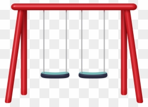 Red A-frame swing set with two blue-green seats on transparent background.