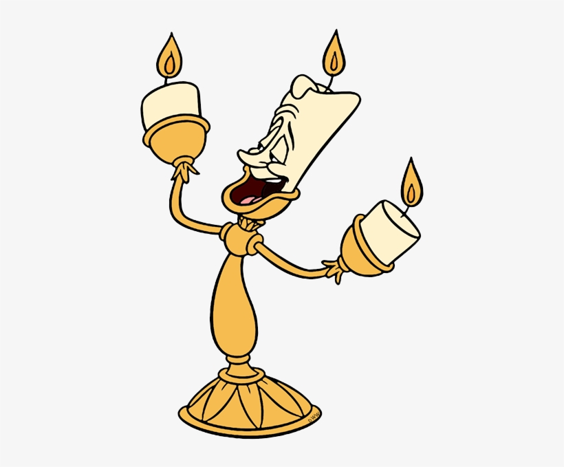 Lumière, the animated candelabra character from Disney’s Beauty and the Beast, joyfully holding three lit candles.