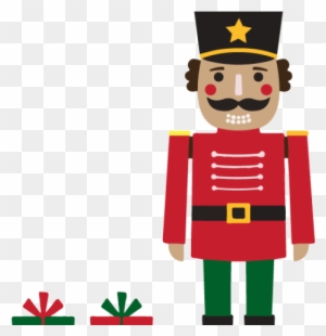 Classic red-and-green nutcracker soldier with star-topped hat and two small gift boxes below.