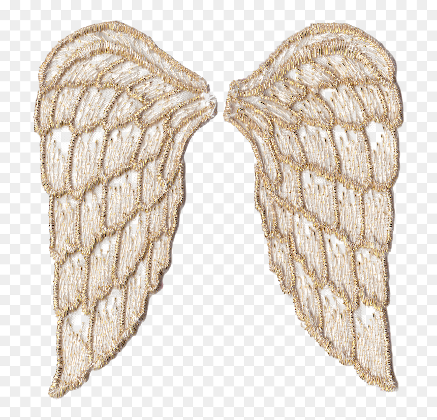 Embroidered golden angel wings patch with delicate lace detailing on transparent background.