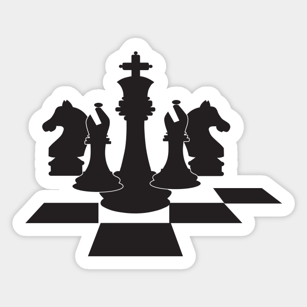 Black chess pieces-king, knights, and bishops-on a partial checkered board in silhouette style.