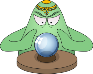 Green fortune-teller creature with ornate headband gazing into a glowing crystal ball on a wooden stand.