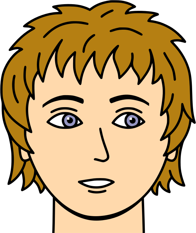 Cartoon-style illustration of a young person with short brown hair and blue eyes, neutral expression.