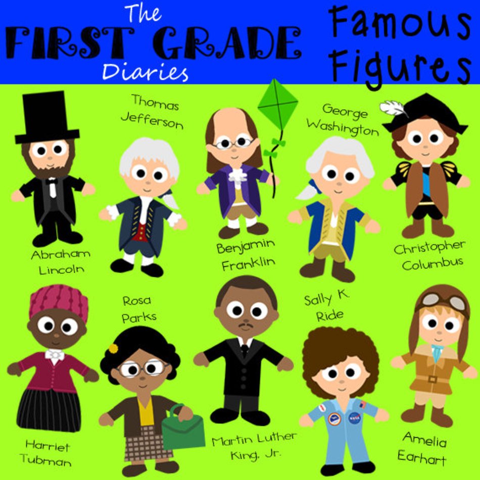 Cartoon illustrations of ten famous historical figures for first-grade education, including Lincoln, Washington, Parks, and Earhart.
