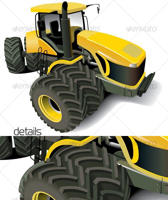 Yellow agricultural tractor with large treaded tires and modern cab design, shown in full and close-up views.