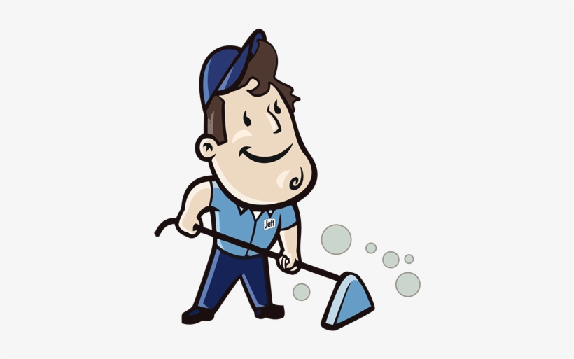 Smiling cartoon cleaner named Jeff sweeping with a dustpan and broom, wearing a blue uniform and cap.