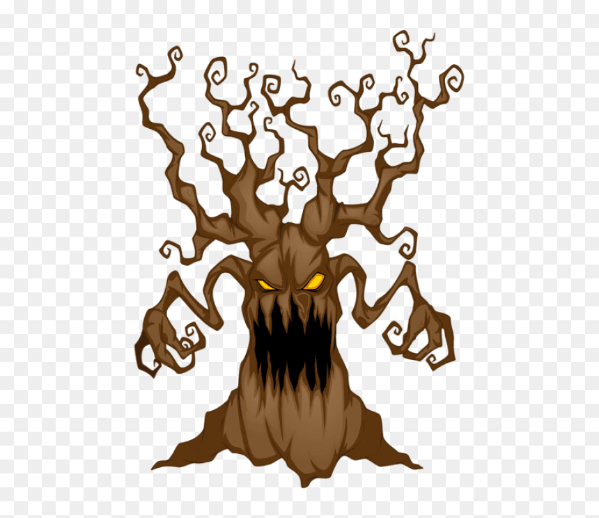 A menacing cartoon-style evil tree monster with glowing yellow eyes, twisted branches as arms, and a dark gaping mouth.