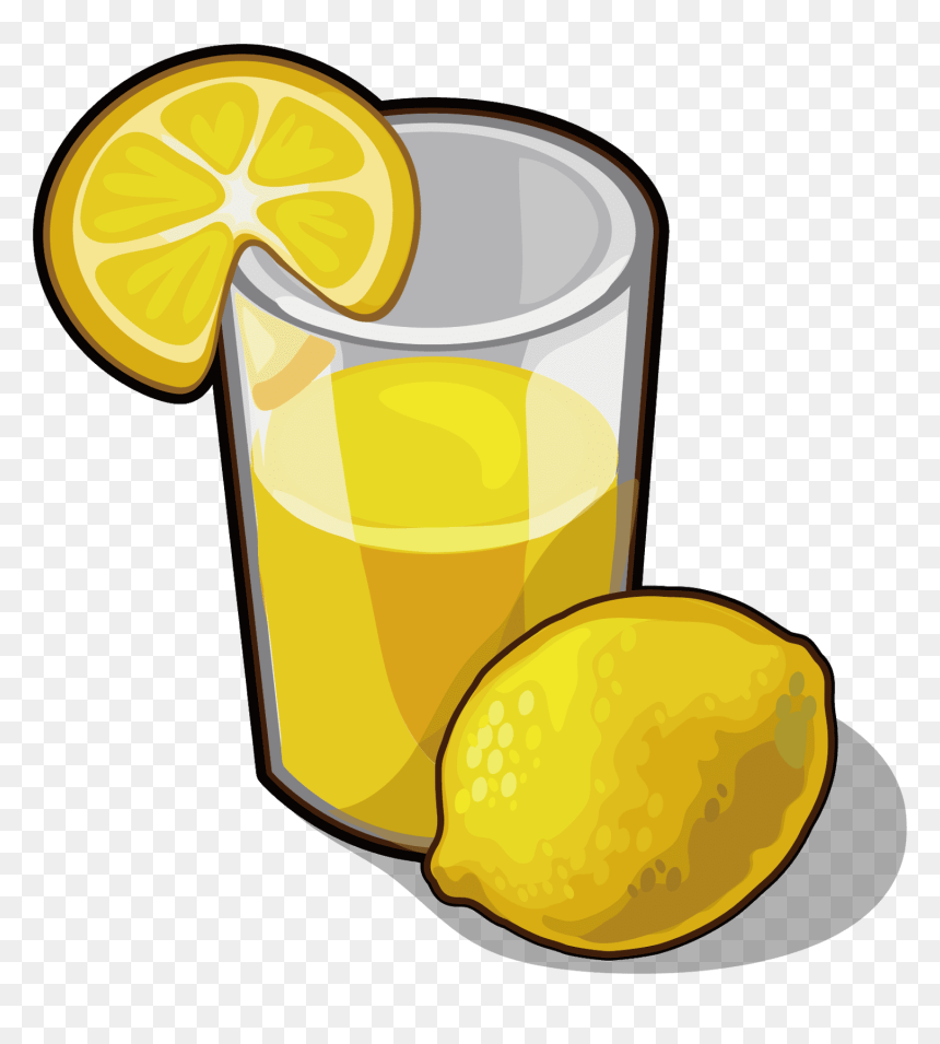 A glass of fresh lemon juice garnished with a lemon slice, beside a whole lemon on a transparent background.