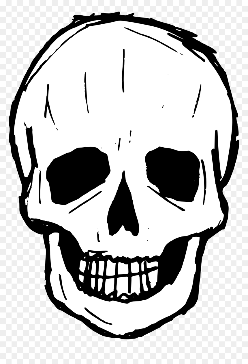 Hand-drawn black-and-white skull illustration with hollow eye sockets and visible teeth on transparent background.