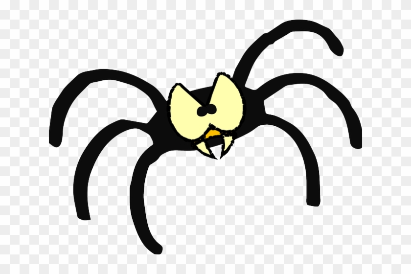 Cartoon black spider with large yellow eyes, sharp fangs, and eight curved legs on transparent background.