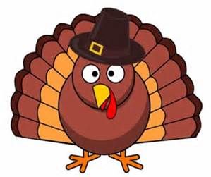 Cartoon turkey wearing a pilgrim hat with colorful tail feathers and cheerful expression.