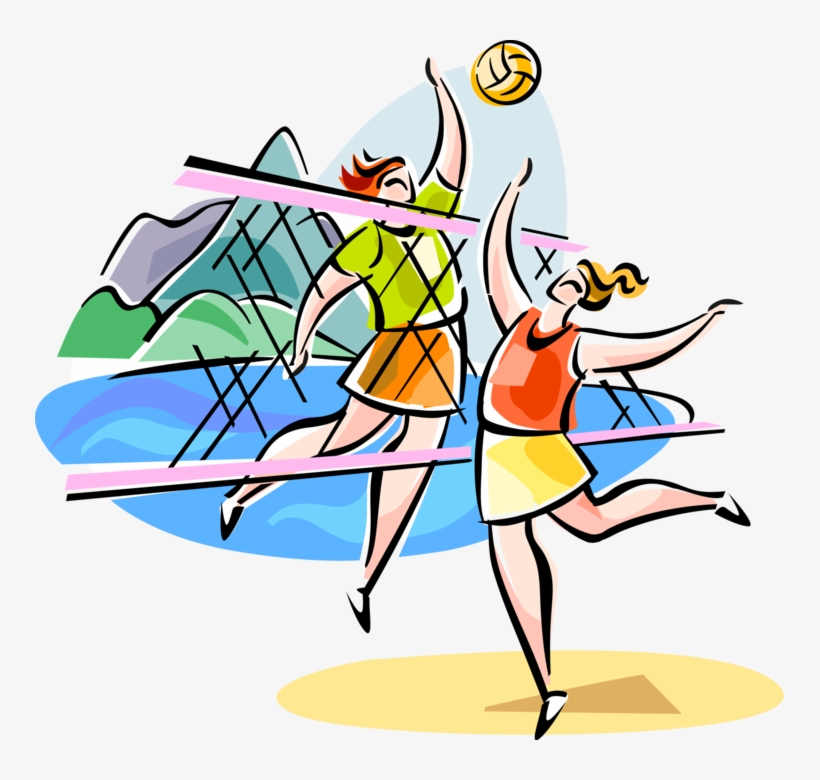Two women playing beach volleyball with mountains and water in the background, vibrant stylized illustration.