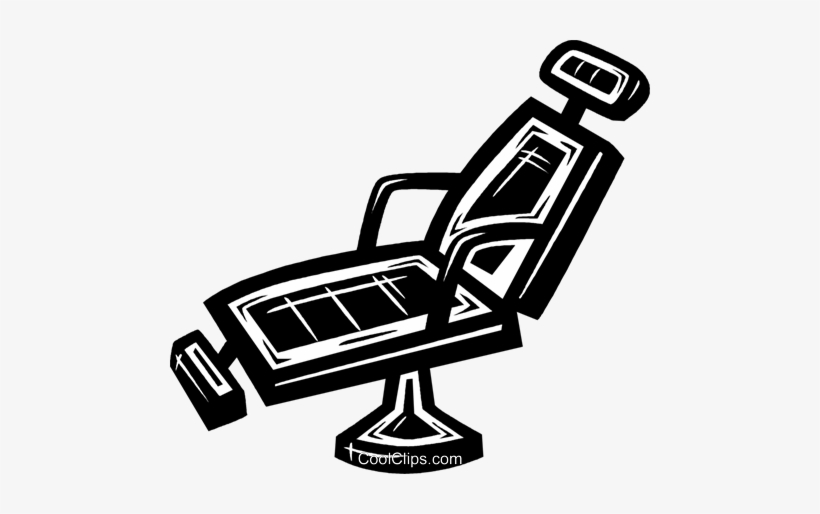 Black-and-white stylized illustration of a classic reclining barber chair with footrest and headrest.