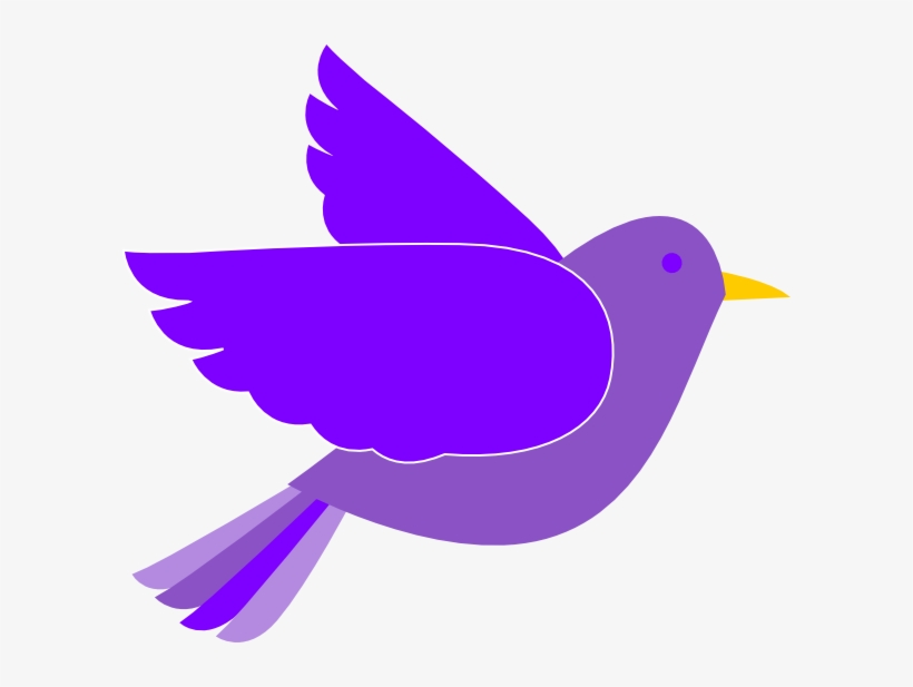 A stylized purple bird in flight with yellow beak and layered wing and tail feathers.