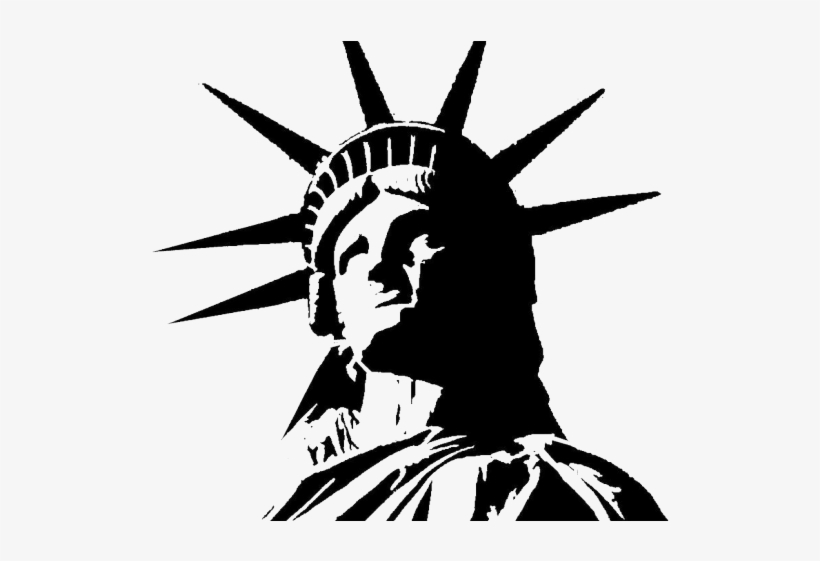 Silhouette of the Statue of Liberty’s head and crown in high-contrast black and white.