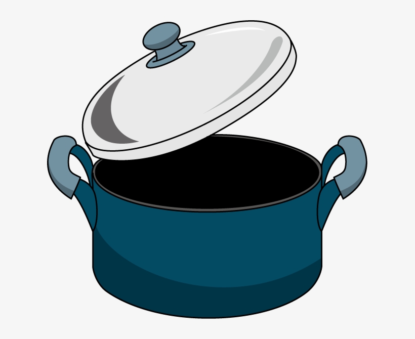Blue cooking pot with open white lid and gray handles, empty interior visible.