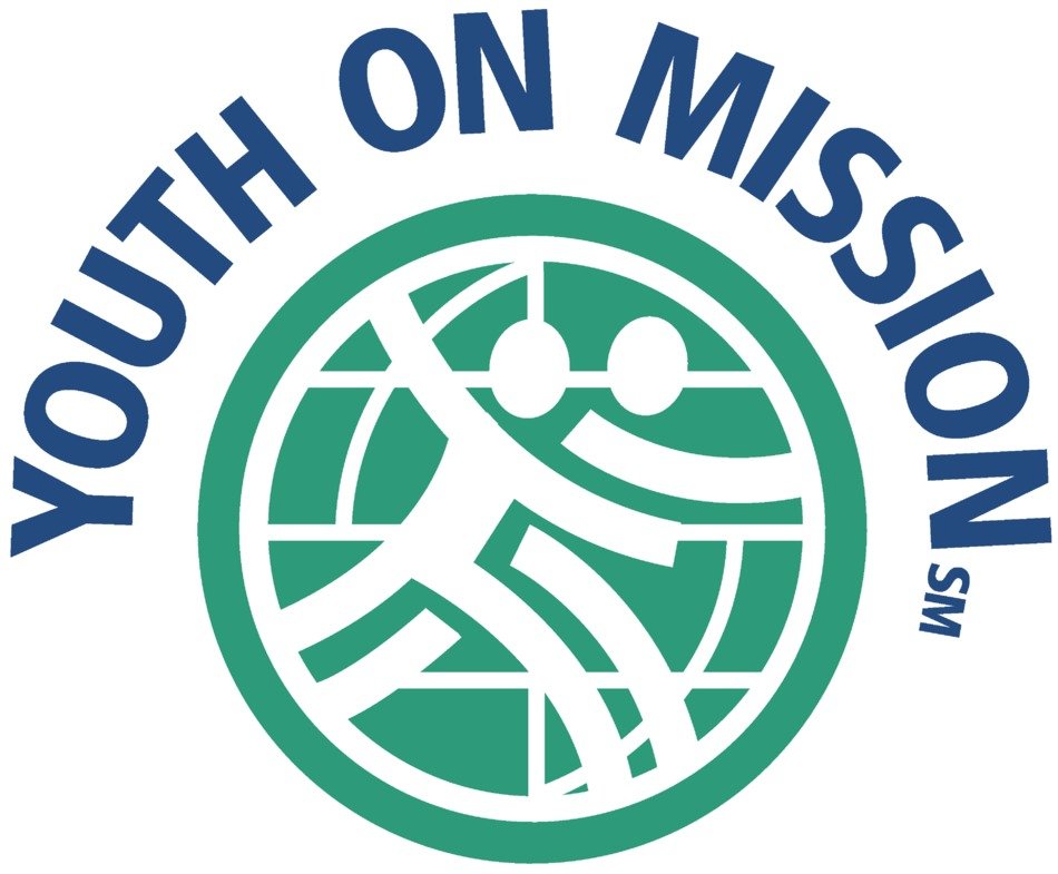 Youth on Mission logo featuring a green globe with stylized figures and blue arched text.