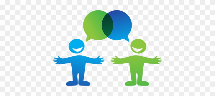 Blue and green stylized figures with open arms and overlapping speech bubbles, symbolizing communication and collaboration.