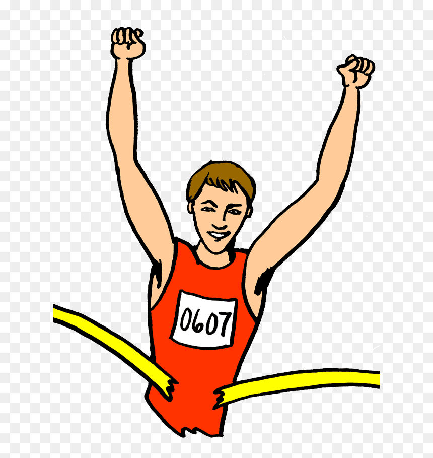 Runner in red jersey #0607 crossing finish line with arms raised in victory.