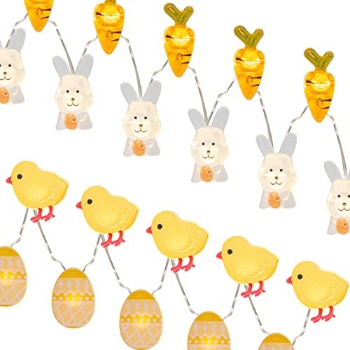 Easter-themed string lights featuring bunnies, chicks, carrots, and patterned eggs in pastel colors.