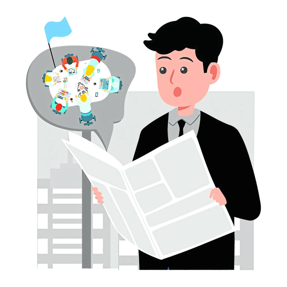 Businessman reading newspaper with thought bubble showing team collaboration around a table with a flag.