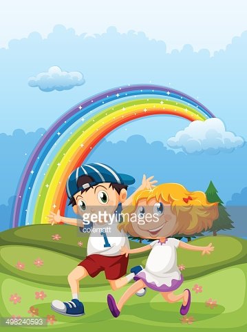 Two smiling children running joyfully on a grassy hill under a vibrant rainbow sky.