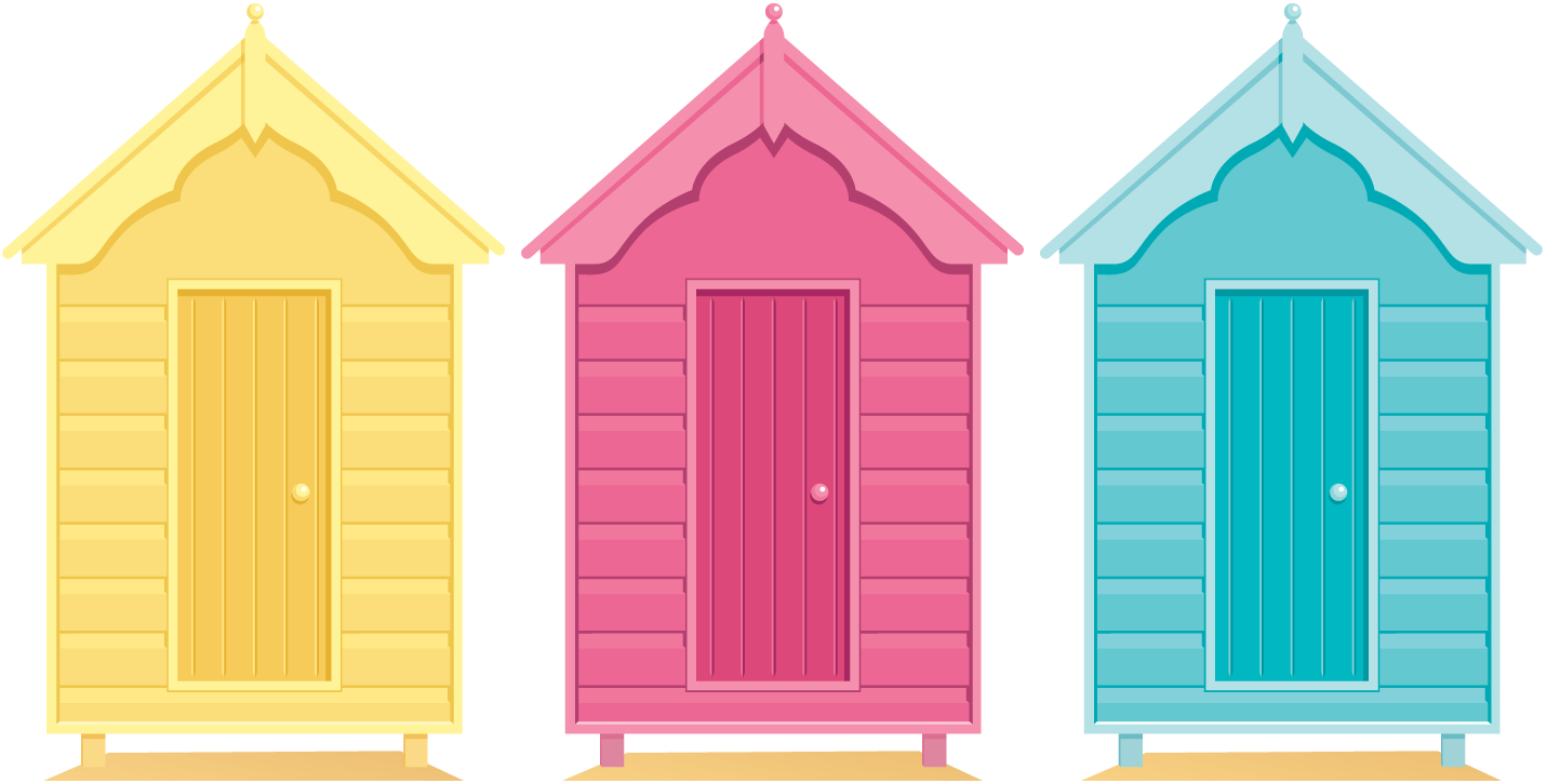 Three colorful cartoon-style beach huts in yellow, pink, and turquoise with arched roofs and wooden doors.
