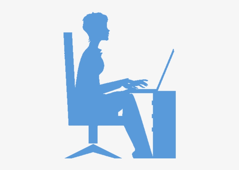 Blue silhouette of a person sitting at a desk using a laptop, illustrating remote work or office ergonomics.