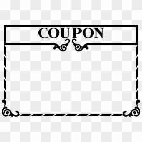 Decorative black-and-white coupon frame with ornate corners, striped borders, and centered "COUPON" text.