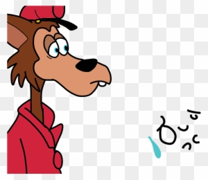 Cartoon wolf in red cap and jacket looking surprised at floating musical notes.