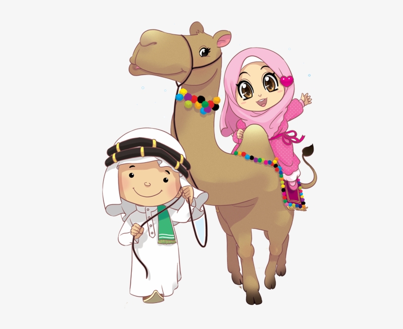 A smiling boy in traditional Arab attire leads a decorated camel carrying a girl in a pink hijab and dress.