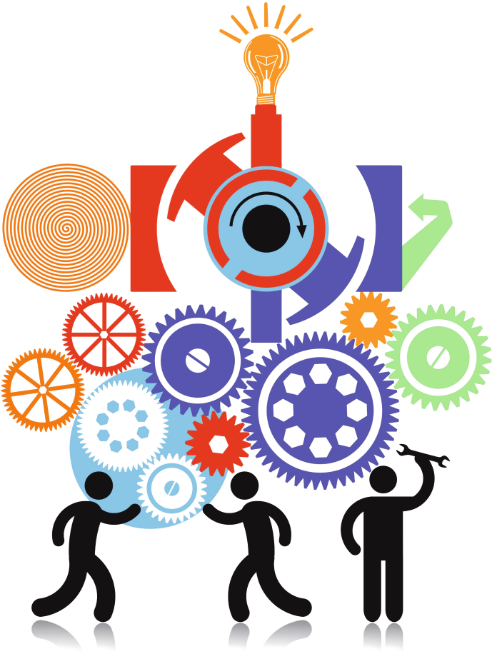 Three silhouetted figures collaborate with colorful gears, tools, and a lightbulb symbolizing innovation and teamwork.