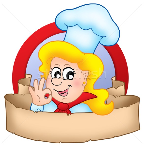 Cheerful cartoon female chef with blonde hair, blue toque, and OK gesture, framed in red circle with scroll banner.