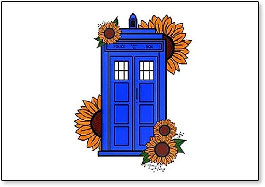 Blue TARDIS police box surrounded by vibrant sunflowers in a whimsical illustration.