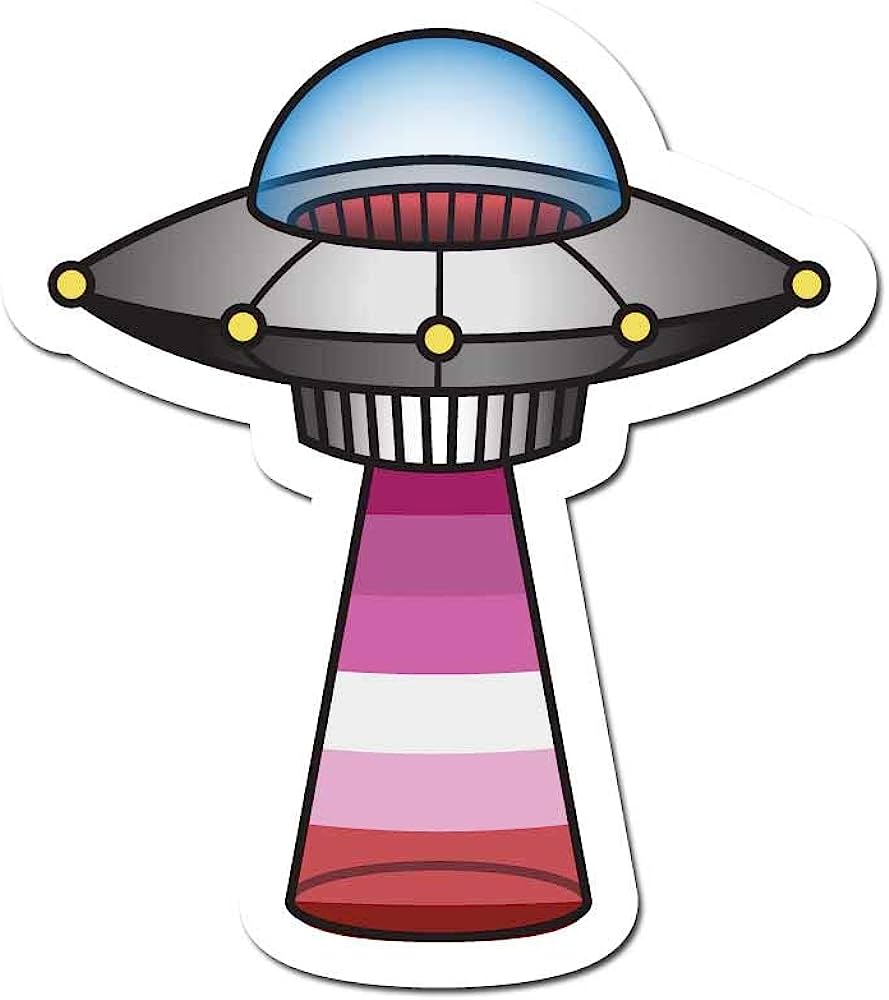 Cartoon UFO with blue dome, red interior, yellow lights, and a cone-shaped beam in lesbian pride flag colors.