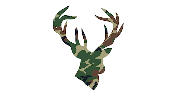 Camouflage-patterned deer head silhouette with antlers on white background.