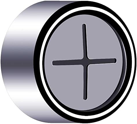 Silver button cell battery with a black plus sign on its top surface, showing metallic casing and insulating ring.